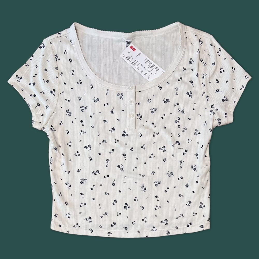 Uniqlo Floral Off White Pointelle Henley Neck Crop Top T-shirt Cotton Size Small